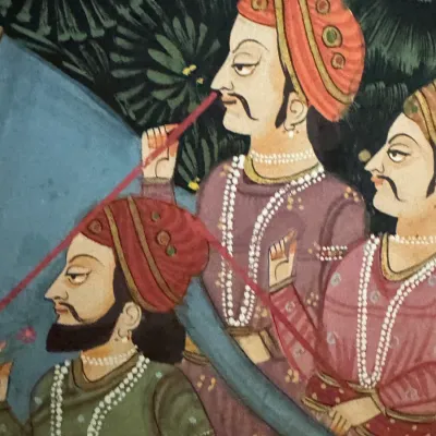 Indian miniature painting depicting three noble figures in profile, adorned with turbans, jewelry, and traditional attire against a...
