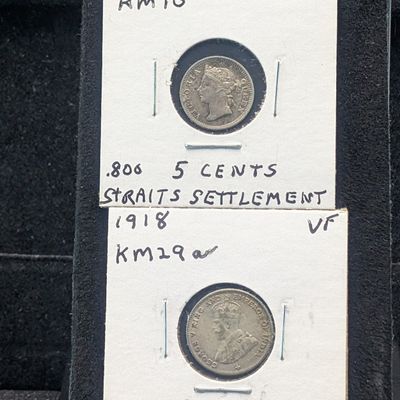 Sale Photo Thumbnail #27: 1918 Straits Settlements 10 Cents 40% Silver 2.71g & 1900 Straits Settlement 5 Cent 80% Silver 1.35g
