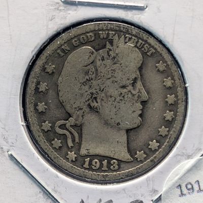 Sale Photo Thumbnail #382: 1913 Barber 90% Silver Quarter