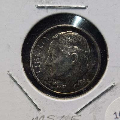 Sale Photo Thumbnail #338: 1954 Roosevelt 90% Silver Dime - Full Bands