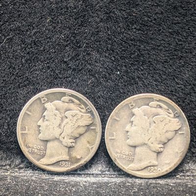 Sale Photo Thumbnail #93: 1930 & 1931 Mercury 90% Silver Dimes