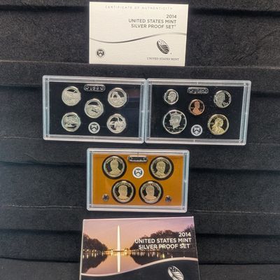 Sale Photo Thumbnail #155: 2014-S U.S. Mint Silver Proof Set with ATB Quarters, Presidential Dollars and Sacagawea Dollar in OGP w/ COA - Includes (7) 90% Silver Coins