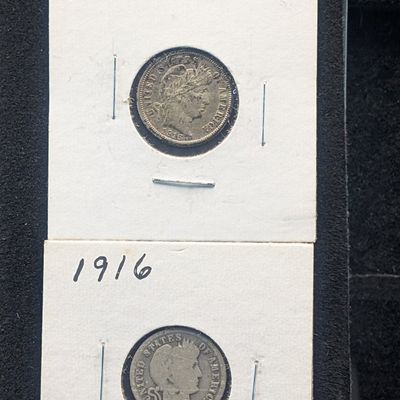 Sale Photo Thumbnail #183: (2) 1916 Barber 90% Silver Dimes