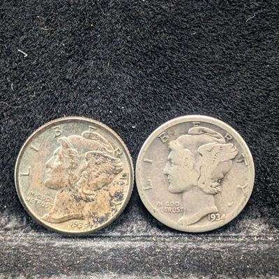 Sale Photo Thumbnail #207: 1934 & 1939 Mercury 90% Silver Dimes