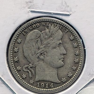 Sale Photo Thumbnail #384: 1914 Barber 90% Silver Quarter
