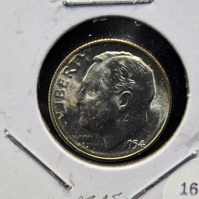 Sale Photo Thumbnail #334: 1954-S Roosevelt 90% Silver Dime, Mint Mark Error Close to Torch