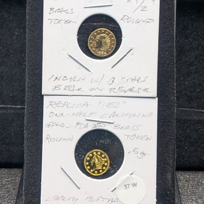Sale Photo Thumbnail #74: 1852 & 1854 Cal Gold-Plated Token one-half .5 gram Brass Round
