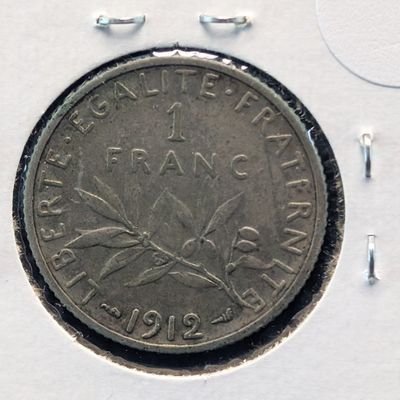 Sale Photo Thumbnail #137: 1912 France 1 Franc, .835% Silver, 5g