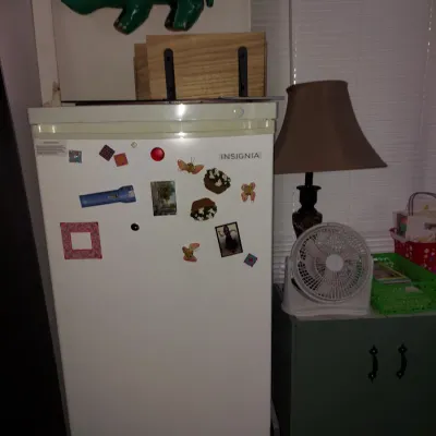 Insignia white upright freezer decorated with magnets, shown alongside a small table lamp and a white desk fan.