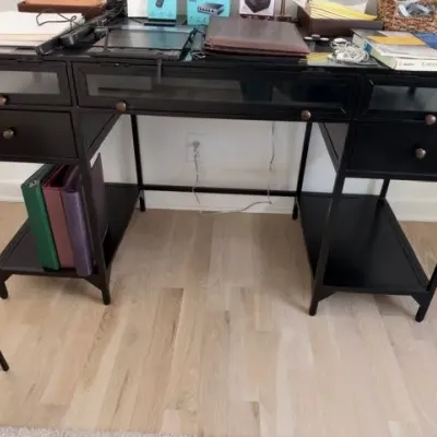 Four Hands Shadow Box metal and glass-top desk