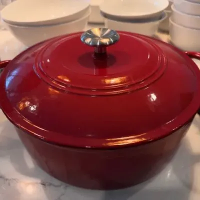 Red enameled cast iron Dutch oven