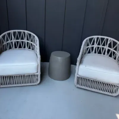 Sunset West Dana white rope patio chairs with side stool