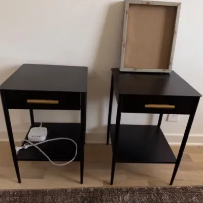 West Elm Metalwork nightstands with brass pulls, pair