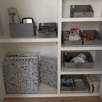 Fabric storage bins and foam play mat tiles