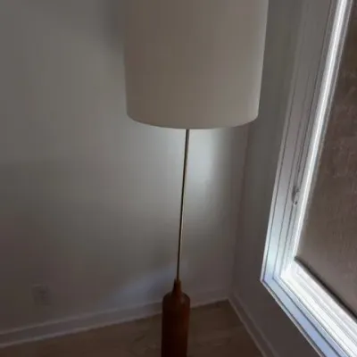 West Elm wood-base floor lamp with white drum shade