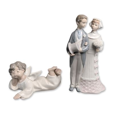 Sale Photo Thumbnail #390: 2pc Lladro Porcelain Figurines, Wedding 01004808 & Reclining Angel 01004541