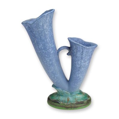 Sale Photo Thumbnail #121: Weller Pottery Double Cornucopia Blue Vase, Sydonia