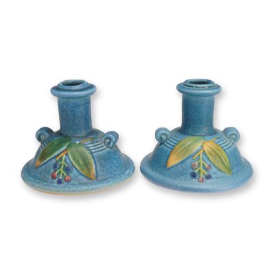 Sale Photo Thumbnail #297: Pair of Weller Pottery Matte Glazed Candleholders, Cornish Blue