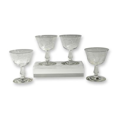Sale Photo Thumbnail #142: 4pc Rock Sharpe Crystal Etched Floral Champagne Coupes