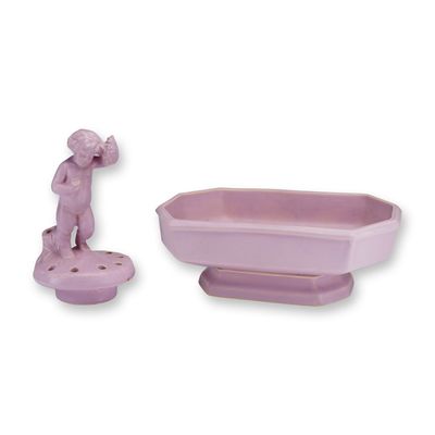 Sale Photo Thumbnail #295: 2pc Weller Pottery Pedestal Foot Planter with Figural Flower Frog, Pink