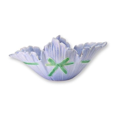 Sale Photo Thumbnail #118: Weller Pottery Periwinkle Blue Ruffled Green Ribbon Motif Centerpiece Bowl