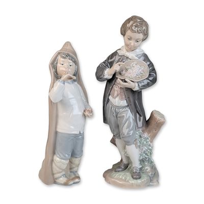 Sale Photo Thumbnail #30: 2pc Lladro Porcelain Figurines, Doncel with Roses 01004757 & Boy with Snails 01004896