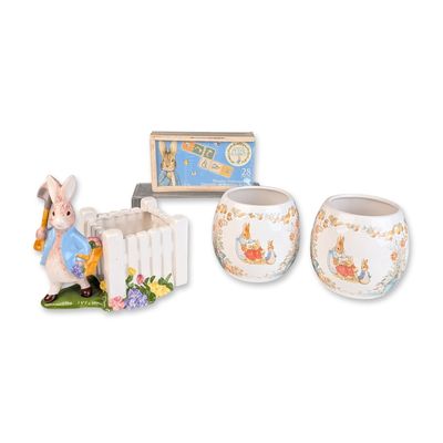 Sale Photo Thumbnail #100: 4pc Group of Beatrix Potter Cache Pots, Planter and Dominoes Set
