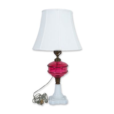 Sale Photo Thumbnail #155: Vintage Cranberry and Milk Glass Lamp