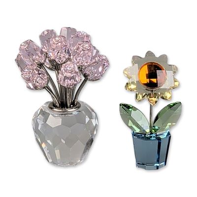 Sale Photo Thumbnail #86: 2pc Swarovski Crystal Flower Ornaments, Dozen Pink Roses & Sunflower