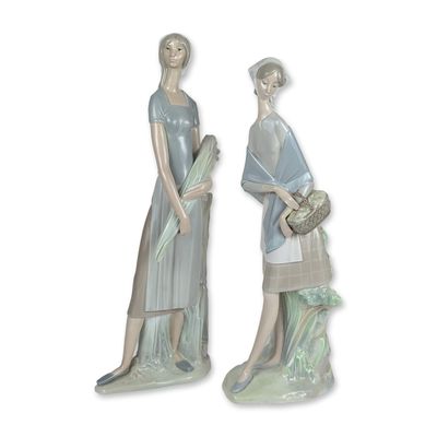 Sale Photo Thumbnail #373: 2pc Lladro Spanish Glazed Porcelain Sculptures, Harvester Woman 4582 and Girl with Basket 1049