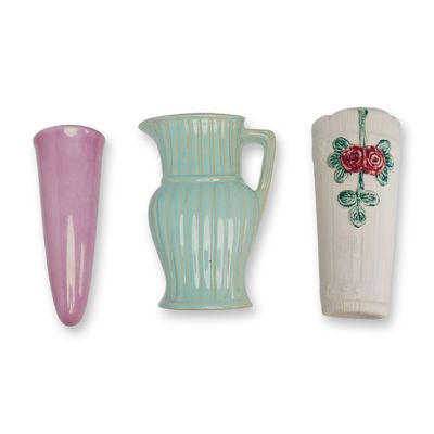 Sale Photo Thumbnail #128: 3pc Vintage Ceramic Wall Pocket Vases Including Weller Pottery