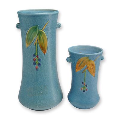 Sale Photo Thumbnail #291: 2pc Weller Pottery Vases in Cerulean Blue, Cornish
