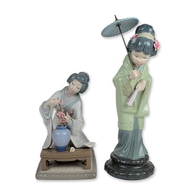 Sale Photo Thumbnail #343: 2pc Lladro Porcelain Figurines, Oriental Girl 1004840 and Oriental Spring 1004988