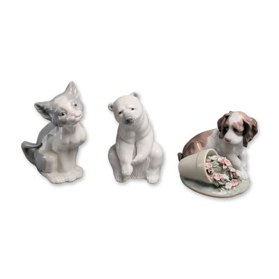 Sale Photo Thumbnail #357: 3pc Lladro Porcelain Animal Figurines - Dog 7672, Cat 5113 & Polar Bear 1208