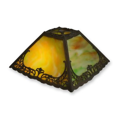 Sale Photo Thumbnail #318: Arts and Crafts Style Slag Glass Panel Lamp Shade with Filigree Overlays