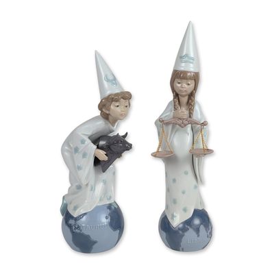 Sale Photo Thumbnail #387: 2pc Lladro Zodiac Children Glazed Porcelain Figurines Taurus 6218 and Libra 6220