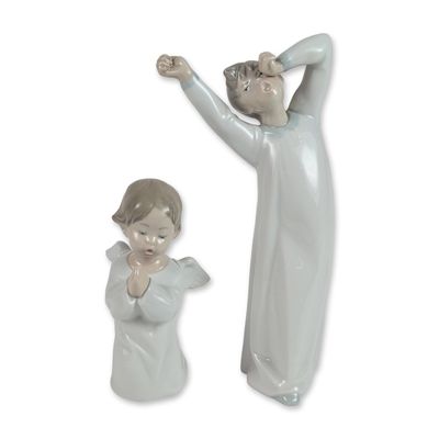 Sale Photo Thumbnail #369: 2pc Lladro Glazed Porcelain Figurines, Angel Praying 4538 and Boy Yawing 4870