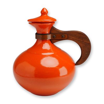 Sale Photo Thumbnail #135: Bauer Pottery MCM Orange Glazed Carafe with Lid and Wooden Handle