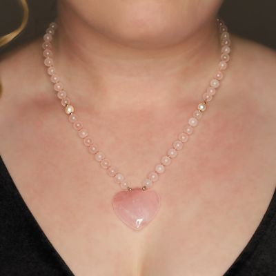 Sale Photo Thumbnail #594: Signed 14K Gold Pink Jade Pearl Beaded Heart Necklace