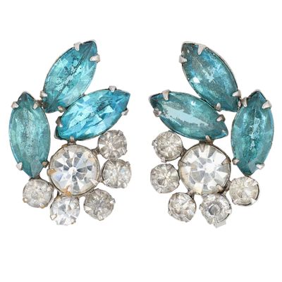 Sale Photo Thumbnail #7: Juliana D&E Silver Tone Blue White Rhinestone Cluster Earrings