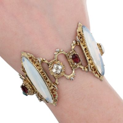 Sale Photo Thumbnail #120: Czech Gilt Metal Opaline Glass Rhinestone Link Bracelet