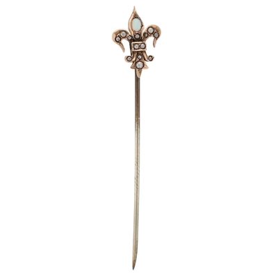 Sale Photo Thumbnail #399: Antique 9K Gold Opal Seed Pearl Fleur De Lis Stick Pin