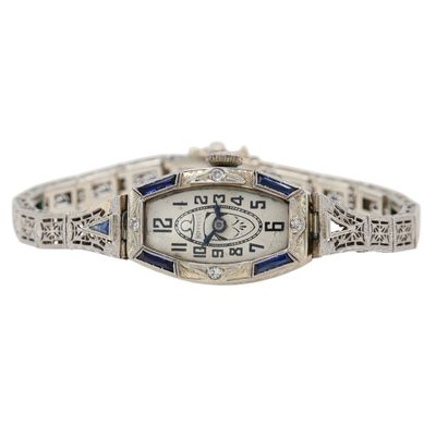 Sale Photo Thumbnail #405: Hoffrers Swiss 18K White Gold Diamond Sapphire Art Deco Watch