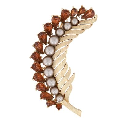 Sale Photo Thumbnail #28: Crown Trifari Gold Tone Amber Rhinestone Faux Pearl Textured Leaf Brooch