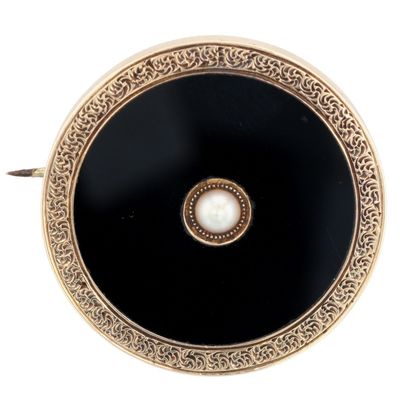 Sale Photo Thumbnail #391: Antique 14K Gold Onyx Pearl Engraved Mourning Brooch