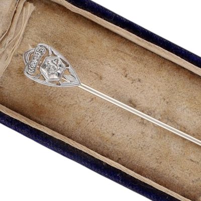 Sale Photo Thumbnail #388: Antique Platinum 14K White Gold Diamond Art Deco Shield Stick Pin