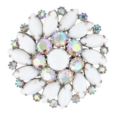 Sale Photo Thumbnail #50: Weiss Silver Tone White Milk Glass Aurora Borealis Rhinestone Brooch