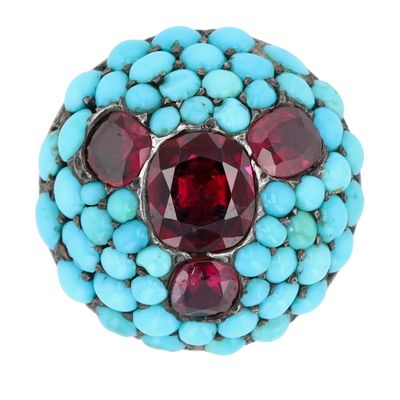Sale Photo Thumbnail #326: Victorian 800 Silver Garnet Turquoise Studded Button Brooch