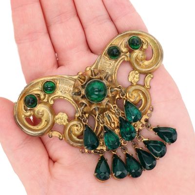 Sale Photo Thumbnail #121: Czech Gilt Metal Rhinestone Scroll Fringe Brooch