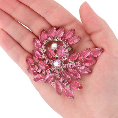 Sale Photo Thumbnail #80: Silver Tone Pink Rhinestone Swirl Cluster Brooch